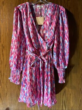 Reem Acra Pink Multi-Color Printed Wrap Dress